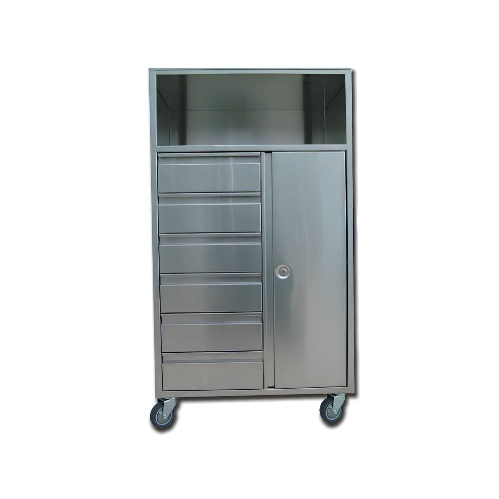Image of stainless anesthesia trolley for clinical use.