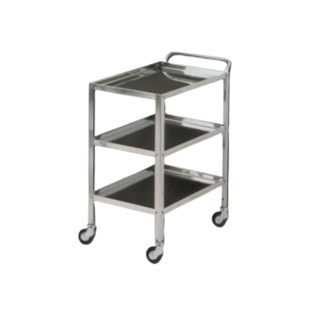 Image of stainless steel trolley with 3 shelves.