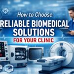 Banner showing doctors, medical equipment, and certification icons with the title “How to Choose Reliable Biomedical Solutions for Your Clinic” in white and red text on a blue background.