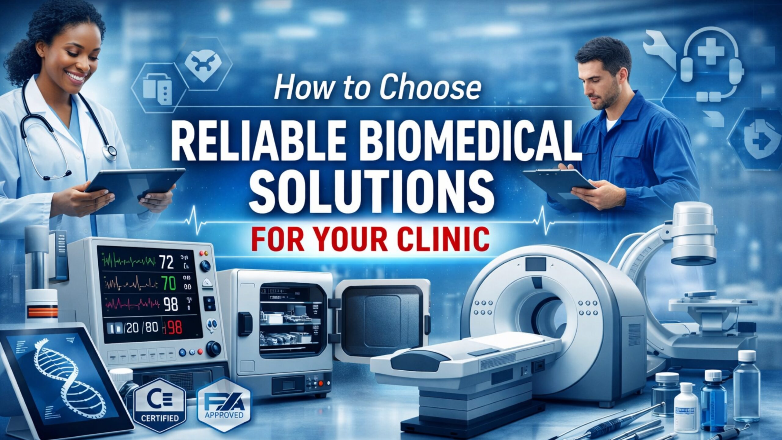 Banner showing doctors, medical equipment, and certification icons with the title “How to Choose Reliable Biomedical Solutions for Your Clinic” in white and red text on a blue background.